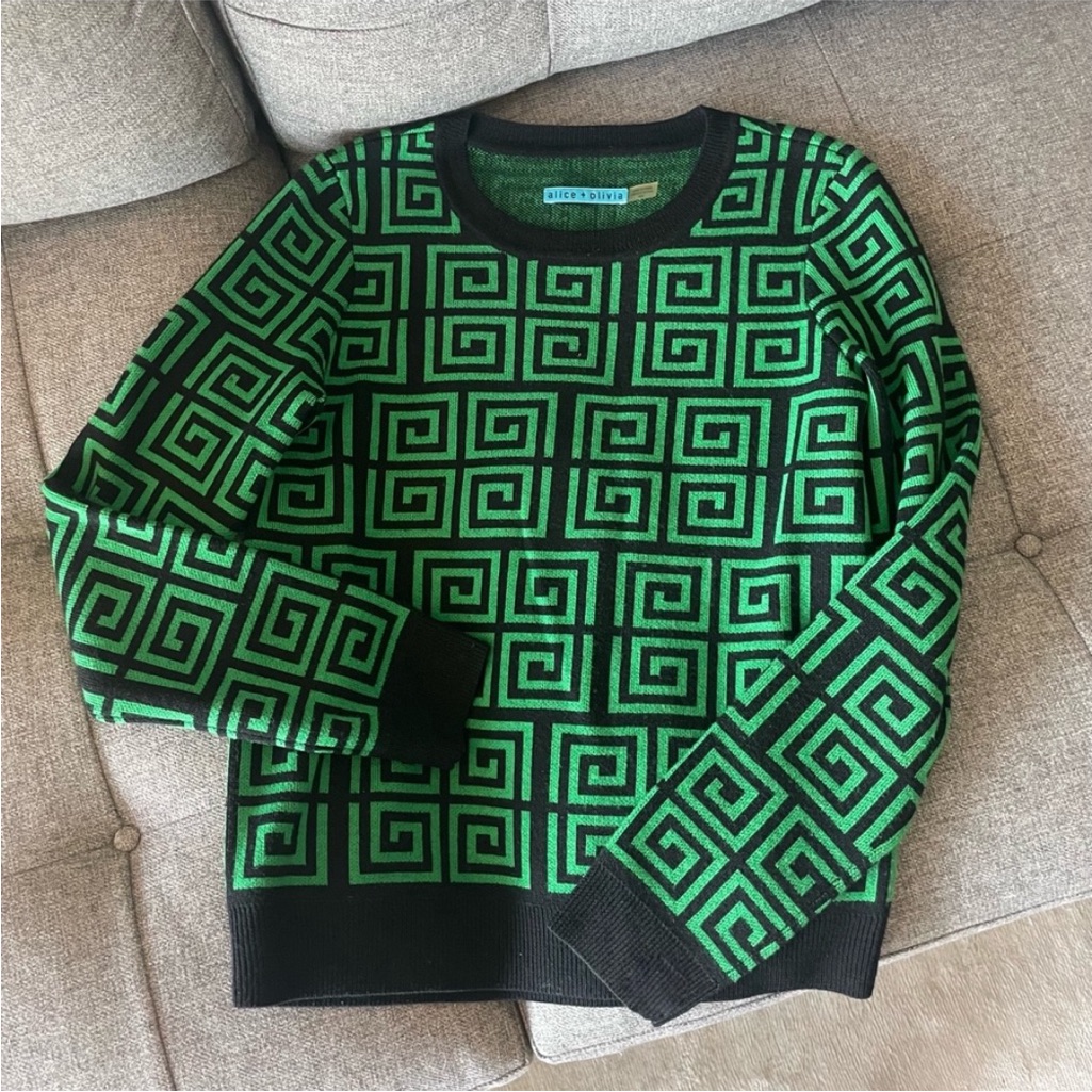 Alice + Olivia Nadia Greek Key Geometric Sweater Merino Wool Medium Black Green